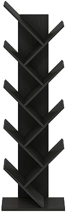 Furinno TREE Book Shelf, 9-Tier Bookshelf, Tree Bookcase with Angled Open Shelf, 8.4 x 15.7 x 50.9, Corner Shelf for Room Decor, for Living Room, Bedroom, Home Office, Espresso