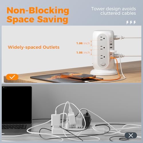 TESSAN Tower Power Strip Surge Protector, Flat Extension Cord 5 Ft, Grey