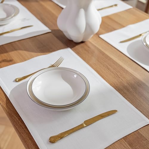 Demetex White Place Mats Set of 8 Washable Linen Placemats Heat Resistant Decorative Table Placemat for Holiday Party Wedding, 13x19 inch, Pure White