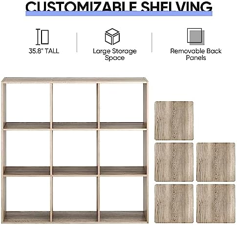 SUPER DEAL 9 Cube Open Shelf Bookcase, 3 x 3 Storage Organizer Shelf with 5 Removable Back Panels Wood Bookshelf System Display Rack for Home, Office, Bedroom, Living Room, Oak