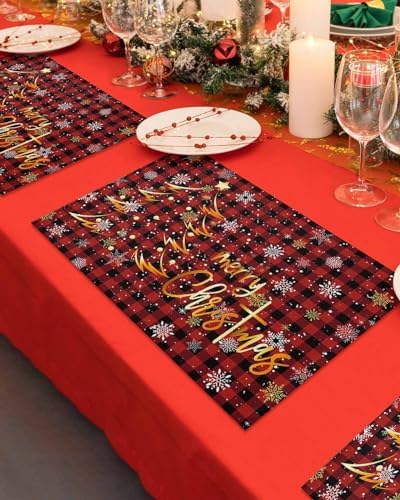 Merry Christmas Placemats Set of 4, Gold Xmas Tree Heat Resistant Washable Table Place Mats Red Black Buffalo Plaid Pattern Cotton Table Linens Party Holiday Decor for Kitchen Dining Outdoor Indoor