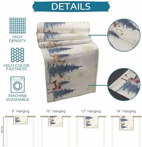 Christmas Table Runner Dresser Scarf 13 x 72 Inch Vintage PineTree Forest Elk Glod Snowflakes Linen Table Runners Non-Slip Heat Resistant Kitchen Dining Table Decor for Home Holidays Indoor Outdoor