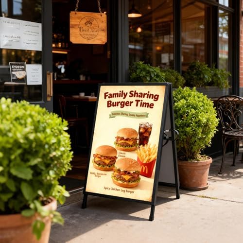 Heavy Duty Slide-in Folding Sandwich Board A-Frame Sidewalk Sign 24x36 Inch Black Coated Steel Metal Double-Sided Pavement Sign (2 Corrugated Plastic Poster Board)