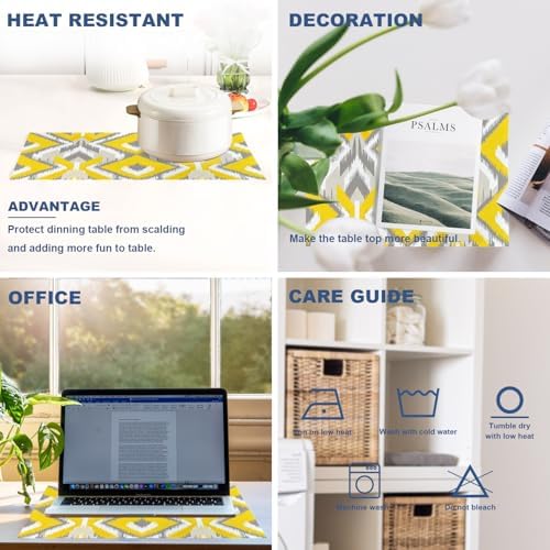 Batmerry Yellow and Gray Retro Ikat Pattern Linen Placemats Set of 6, Geometric Washable Table Mats for Kitchen Table Thickened Heat Insulation Dining Set Indoor Outdoor 12X18 in