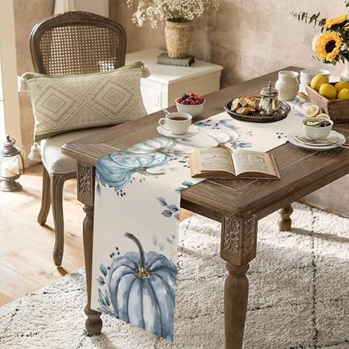 Fall Pumpkin Table Runner Dresser Scarf 13 x 48 Inch White Blue Leaves Rustic Table Runners Non-Slip Heat Resistant Kitchen Dining Table Decor for Autumn Thanksgiving Holidays Indoor Outdoor