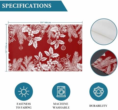 Red Christmas Placemats Set of 4, Floral Pine Leaf Xmas Balls Heat Resistant Washable Table Place Mats White Winter Holidays Cotton Table Linens Party Holiday Decor for Kitchen Dining Outdoor Indoor