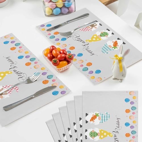 Vandarllin Happy Easter Gnomes Placemats Set of 6,Heat Resistant Cotton Linen,Carrrot Rabbit Bunny Colorful Eggs Table Mats Washable Spring Holidays Placemat Decoration for Kitchen Dining Table