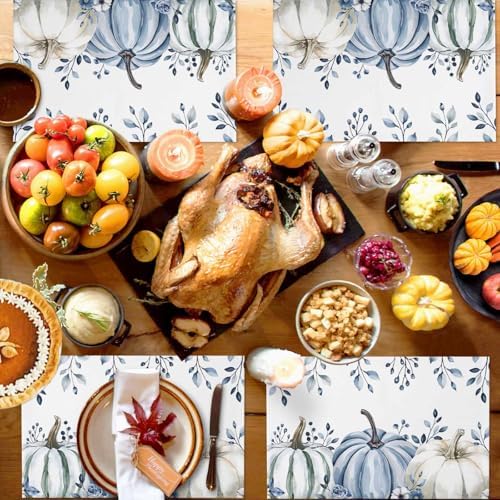 Fall Placemats Set of 6, White Blue Pumpkin Place Mats Blue Eucalyptus Leaves Tablemats Harvest Thanksgiving Placemat Table Decoration for Kitchen Table Holiday Dinner Party Autumn Home Decor