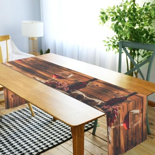 ALAZA Double-Sided Red Wine Glass and Grape in Basket in Wooden Table Runner 18x72 Inches Long,Table Cloth Runner for Wedding Birthday Party Kitchen Dining Home Everyday Decor