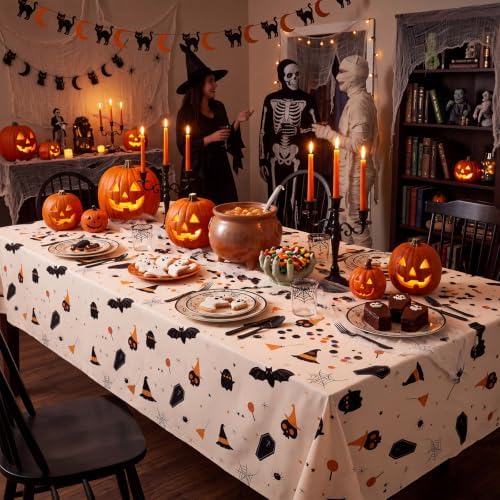 CXPSINC 54 Inch X 100 Feet Plastic Table Cover Roll Disposable Halloween Tablecloth with Slide Cutter Ghost Bat Plistic Table Covers for Halloween Party Decorations(Halloween Beige, 100 Feet)