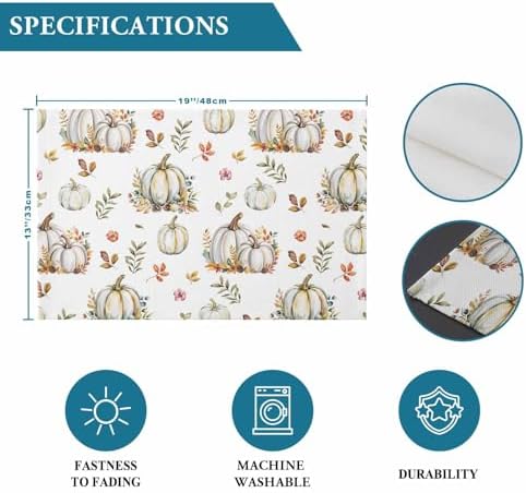 Fall Floral Leaves Placemat, Thanksgiving Pumpkins Heat Resistant Washable Table Place Mats Boho Cotton Table Linens Party Holiday Decorations for Home Kitchen Dining Table Outdoor Indoor,