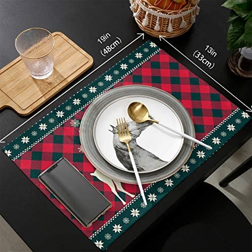 Christmas Trees Reindeer Elk Placemats Set of 6, Red Holiday Buffalo Checkered Plaid Cotton Line Stain Resistant Table Mats Washable Holidays Placemat Decoration For Kitchen Dining Table Farmhouse