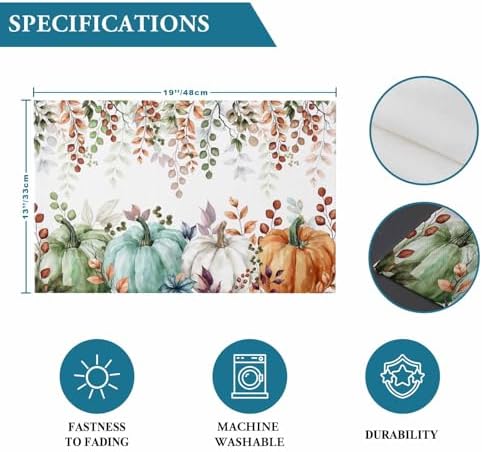 Fall Thanksgiving Placemat, Autumn Pumpkins Eucalyptus Leaves Heat Resistant Washable Dining Table Mats Fall Holiday Farmhouse Decor for Kitchen&Linens Outdoor Indoor, Blue Sage Green Orange