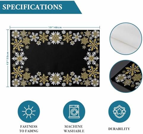 Gold White Snowflakes Chriatmas Placemats Set of 4, Winter Xmas Holiday Heat Resistant Washable Table Place Mats Black Cotton Table Linens Party Holiday Decor for Kitchen Dining Outdoor Indoor