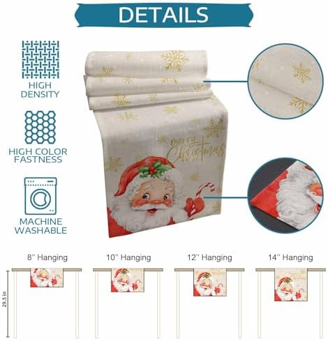 Merry Christmas Table Runner Dresser Scarf 13 x 108 Inch Red Santa Claus Leaf Winter Snowflake Linen Table Runners Non-Slip Heat Resistant Kitchen Dining Table Decor for Home Holidays Indoor Outdoor