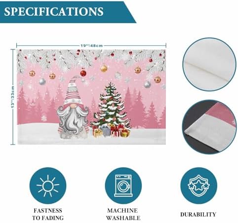 Christmas Gnome Placemats Set of 6, Winter Merry Christmas Tree Balls Heat Resistant Washable Table Place Mats Pink Cotton Table Linens Party Holiday Decor for Kitchen Dining Outdoor Indoor
