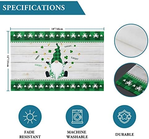 St. Patrick's Day Gnomes Clover Placemats Set of 4,Irish Green Buffalo Check Plaid Clover Cotton Linen Heat Resistant Table Mats Washable Spring Holidays Decorations For Kitchen Dining Table