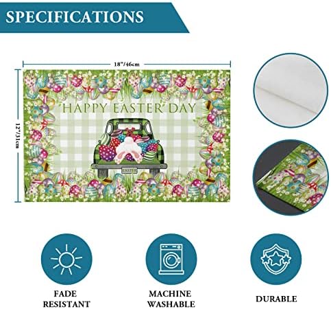 Happy Easter Spring Holidays Vintage Farm Trucks Colorful Eggs Placemats Set of 4,Green Gingham Plaid Patterns Cotton Line Fabric Heat Resistant Washable Mats Decoration for Home Kitchen Dining Party