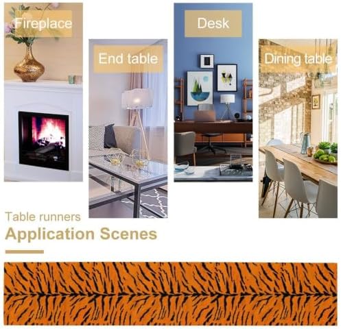 Vintage Tiger Print Table Runner, Rustic Cottage Country Farm Animal Fur Skin Pattern Western Style Black Brown Print Dinner Runner for Home Kitchen Dining Table Decoration 13x90 Inch