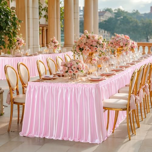 Wish Care 9ft Pink Satin Table Skirt for Rectangle Tables Wrinkle Free Teacher Desk Skirt Glitter Ruffle Table Skirting Cloth for Back to School Classroom Office Dorm Girls Birthday Party Table Decor