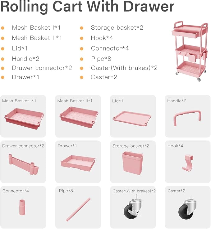 Sorgion 3 Tier Rolling Cart Organizer,Laundry Room Bathroom Organizers and Storage Office Shelves Mobile Shelving Unit Kitchen Trolley Cart with Wheels for Art,Craft,Diaper,Bedside,Snack(Pink)