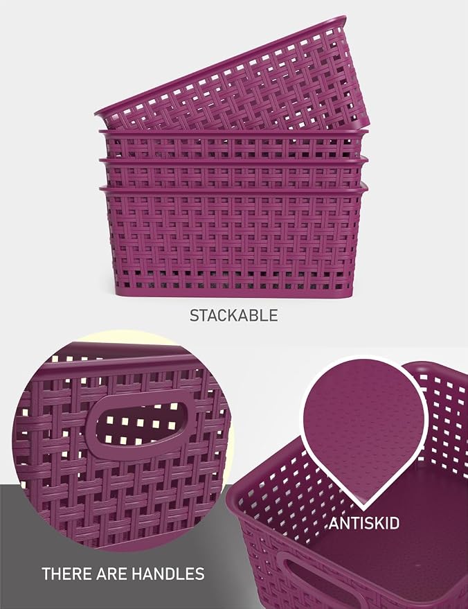 WYT 6-Pack Plastic Small Shelf Storage Weave Baskets Organizing for Cabinets and Pantries, Deep Purple