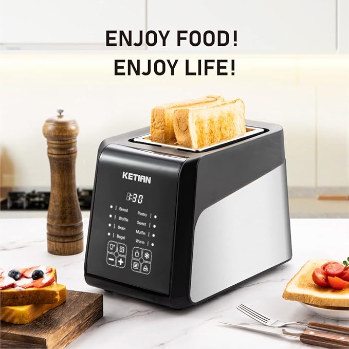 Touchscreen Toaster 2 Slice, KETIAN Bagel English Muffins Toast Pastry Waffles Grain Sweet Bread Toaster, Extra Wide Slots Single Slot Toasting Automatic Lifting, 1400w (Black)