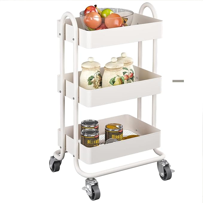 Metal Rolling Cart,3-Tier Metal Rolling Cart with Wheels,3 Tier Utility Cart with Wheels for Office,Home,Kitchen,Garden(13.4"x18.1"x31") White