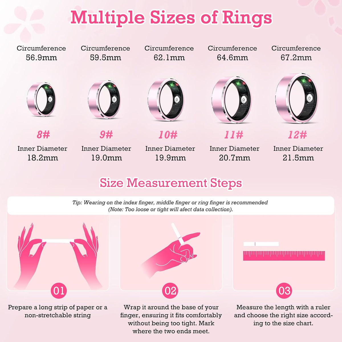 Smart Ring Health Tracker, Sleep Tracker Ring with Heart Rate, Waterproof Fitness Ring for Activity Monitoring/Steps/Distance/Calories,Air Gestures,Up to 7-Day Battery, for iOS Android (Light Pink,#8)
