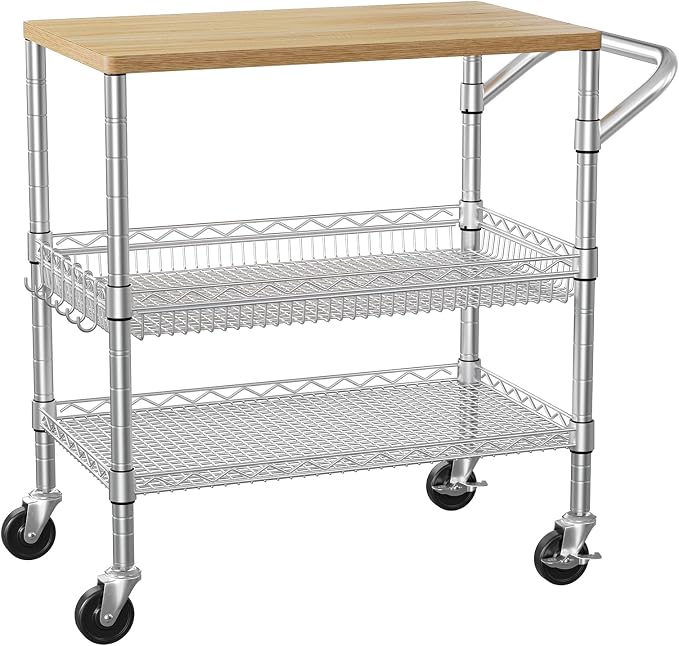 3 Tier Rolling Kitchen Carts on Wheels with Storage,650Lbs Heavy Duty Utility Carts with Wheels,Kitchen Island with Wood Tabletop,Metal Serving Rolling Cart for Small Appliance Food Cart,Wood+Metal
