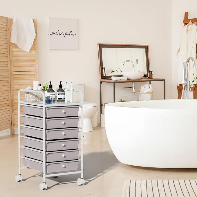 6-Tier Utility Cart with 6 Drawers, Rolling Utility Cart with 2 Lockable Caster Wheels, Multipurpose Mobile Rolling Drawer Cart for Office Bathroom Kitchen, Gray