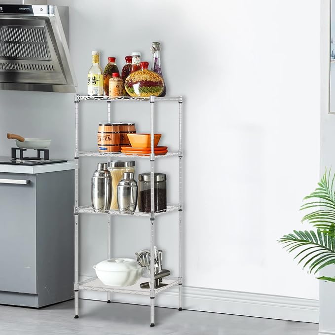 FDW 18L x 12W x 44H Wire Shelves with 4 PP Sheets Metal Shelf Storage Shelves 4 Tier Layer Storage Shelves for Laundry Bathroom Kitchen Garage,Chrome