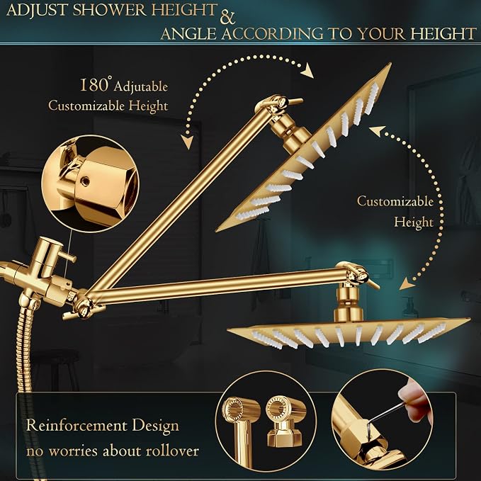 Shower Head,12'' Rain Shower Head with 11'' Adjustable Extension Arm and 5 Settings High Pressure Handheld Shower Head Combo,Powerful Shower Spray Against Low Pressure Water-Brushed Gold