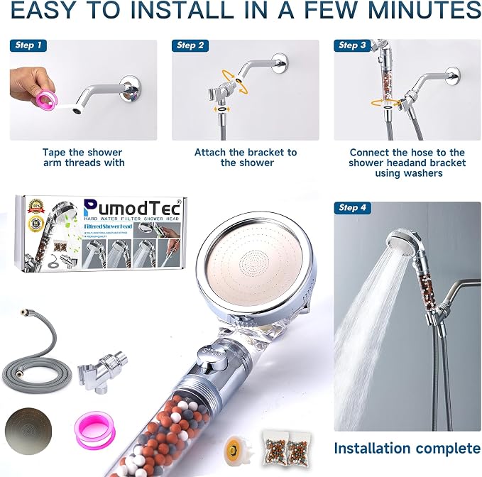 Filtered Shower Head with Handheld - High Pressure ShowerHead with Filters for Hard Water - Reduces Dry Itchy Skin, Easy Instal, 4 Modes, Water Saving, Durable, Detachable anti blocking