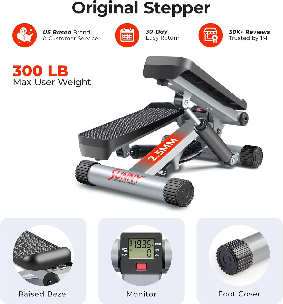 Sunny Health & Fitness Mini Stepper for Exercise at Home, Stair Step Workout Machine with Resistance Band and Over 300lb Weight Capacity, Optional Twist Motion and Free SunnyFit App Connection