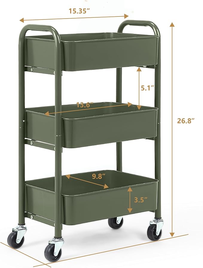 SunnyPoint 3-Tier Delicate Compact Rolling Metal Storage Organizer - Mobile Utility Cart Kitchen/Under Desk Cart with Caster Wheels - Army (15.35" X 10.24" X 26.8"H)