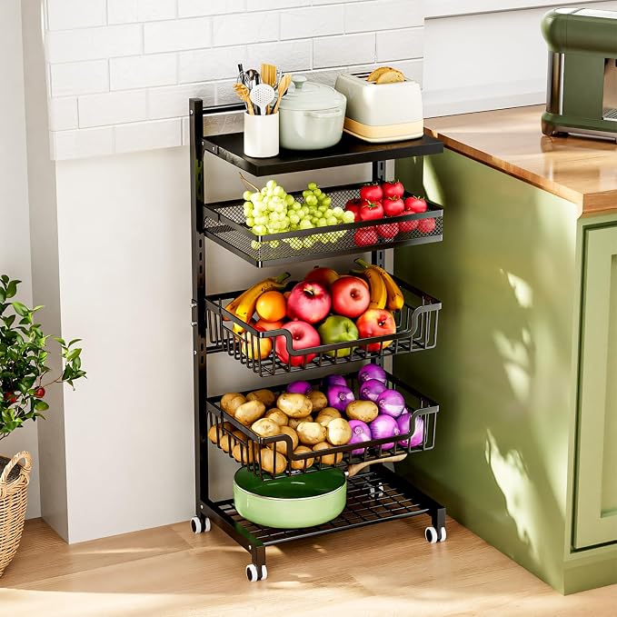 HapiRm Fruit Basket Kitchen Cart - 5 Tier Adjustable Vegetable Storage Rack, Large Capacity Rolling Kitchen Carts on Wheels for Snack Onion and Potato Storage