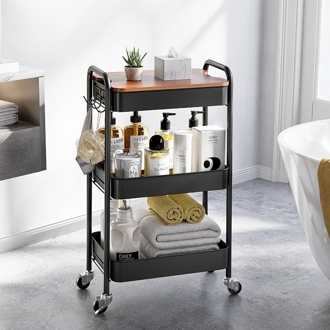TOOLF 3-Tier Rolling Cart with Table Top, Metal Storage Cart on Wheels, Utility Organizer with Wooden Tray, Lockable Casters, Easy Assembly for Bathroom, Living Room, Office, Kitchen, Black