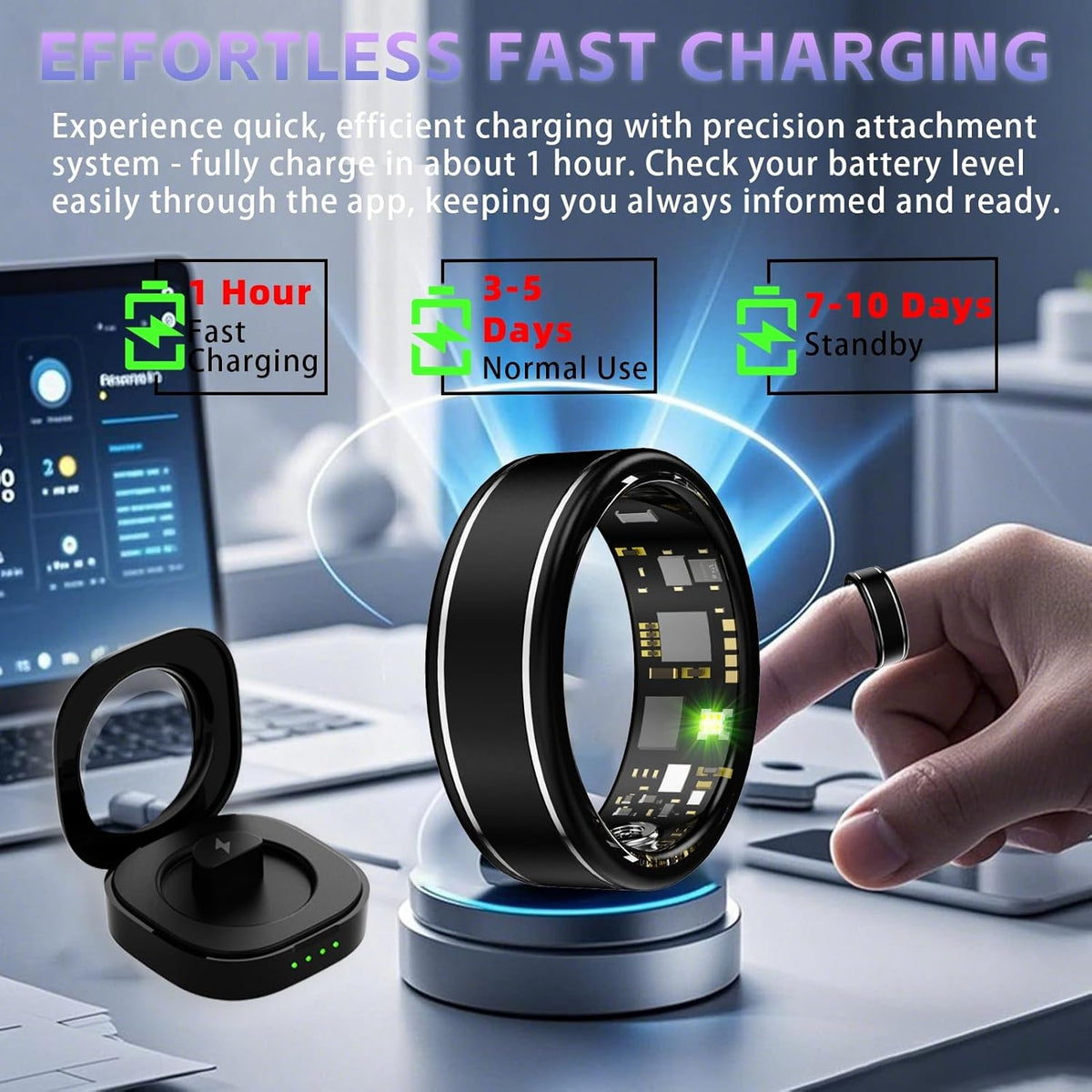 Activity Tracker Ring for Men – Smart Ring with Heart Rate, SpO2, Blood Pressure, Sleep Monitoring, Step & Calorie Counter, 5ATM Waterproof, No Subscription Fee (Black, 7)