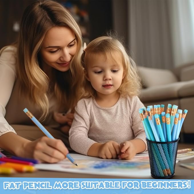 Fainne 48 Pcs Large Pencils 3 Sharpeners,Turquoise Blue Series,Triangle