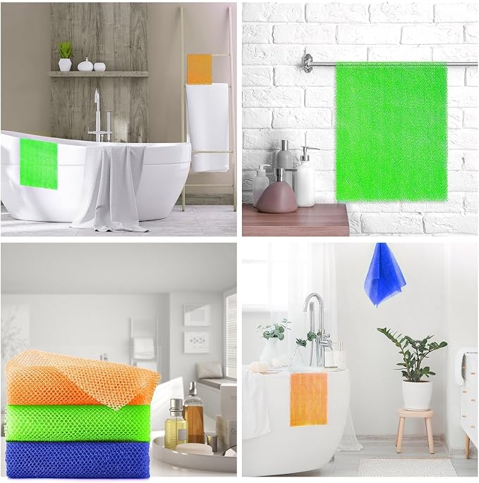 UJFQBH 3 Pieces African Bath Sponge African Net Long Net Bath Sponge Exfoliating Shower Body Scrubber Back Scrubber Skin Smoother,Great for Daily Use (Orange、Blue、Green)