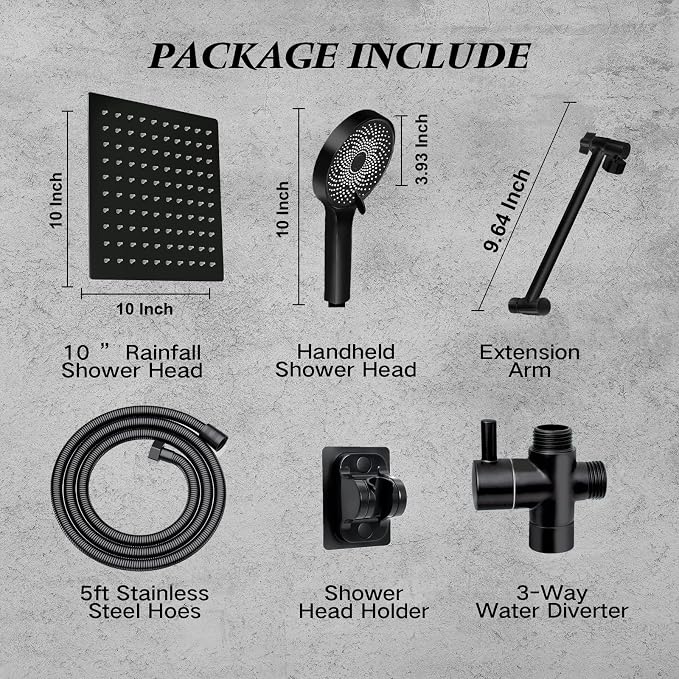 Shower Head,10”Rain Shower Head with Handheld Spray Combo with 11'' Angle Adjustable Extension Arm/Flow Regulator/Shower System,High Pressure Rainfall Shower Head Clean Bathroom,Matt Black