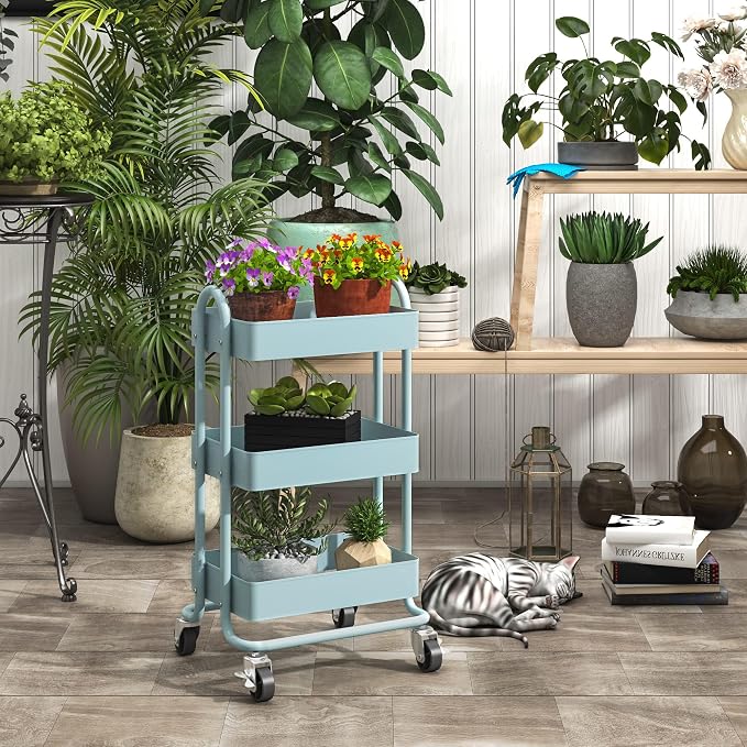 Metal Rolling Cart,3-Tier Metal Rolling Cart with Wheels,3 Tier Utility Cart with Wheels for Office,Home,Kitchen,Garden(13.4"x18.1"x31") Blue