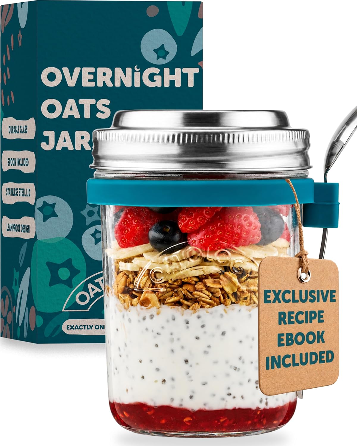 Overnight Oats Jars with Lids and Spoon - Glass Chia Pudding Containers - 16 oz Leakproof Mason Jar for Oatmeal - Wide Mouth To Go Meal Prep Cup with Measurement Markings - 1 Pack