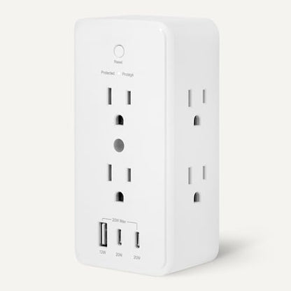 Amazon Basics Wall Mount Surge Protector Power Strip with 9-in-1 Hub, 1080 Joules, 6 AC Outlets, 1 USB-A and 2 USB-C (20W Fast Charging), White