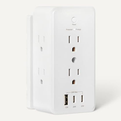 Amazon Basics Wall Mount Surge Protector Power Strip with 9-in-1 Hub, 1080 Joules, 6 AC Outlets, 1 USB-A and 2 USB-C (20W Fast Charging), White