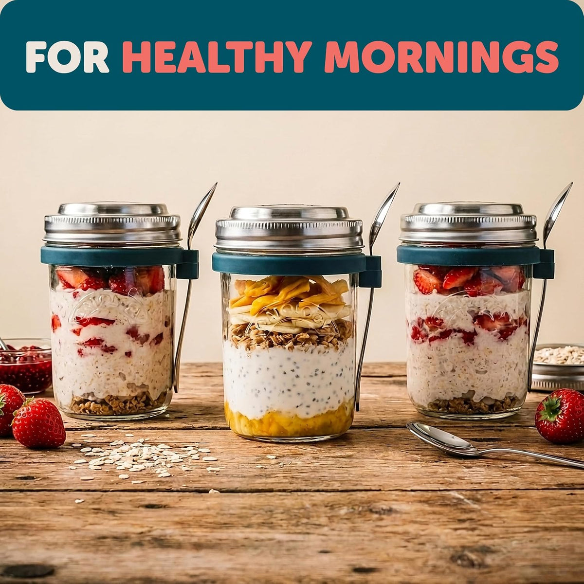 Overnight Oats Jars with Lids and Spoon - Glass Chia Pudding Containers - 16 oz Leakproof Mason Jar for Oatmeal - Wide Mouth To Go Meal Prep Cup with Measurement Markings - 1 Pack