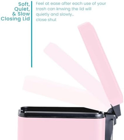 Home Zone Living 2-Pack 1.3 Gallon Small Pink Bathroom Trash Can with Lid and Step Pedal, Stainless Steel Wastebasket with Slim Design for Home and Office, 5 Liters