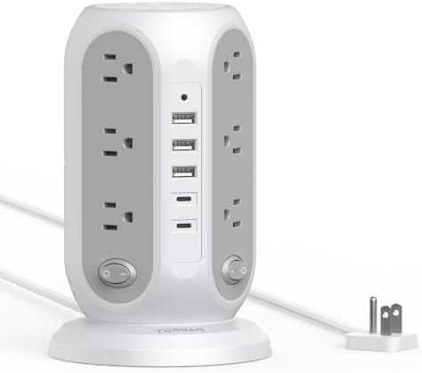 TESSAN Tower Power Strip Surge Protector, Flat Extension Cord 5 Ft, Grey