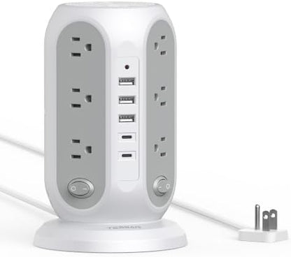 TESSAN Tower Power Strip Surge Protector, Flat Extension Cord 5 Ft, Grey